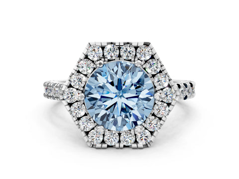 White gold Hexagonal Halo Fancy Blue Round Cut Diamond Pavé Band with Four-Prong Setting
