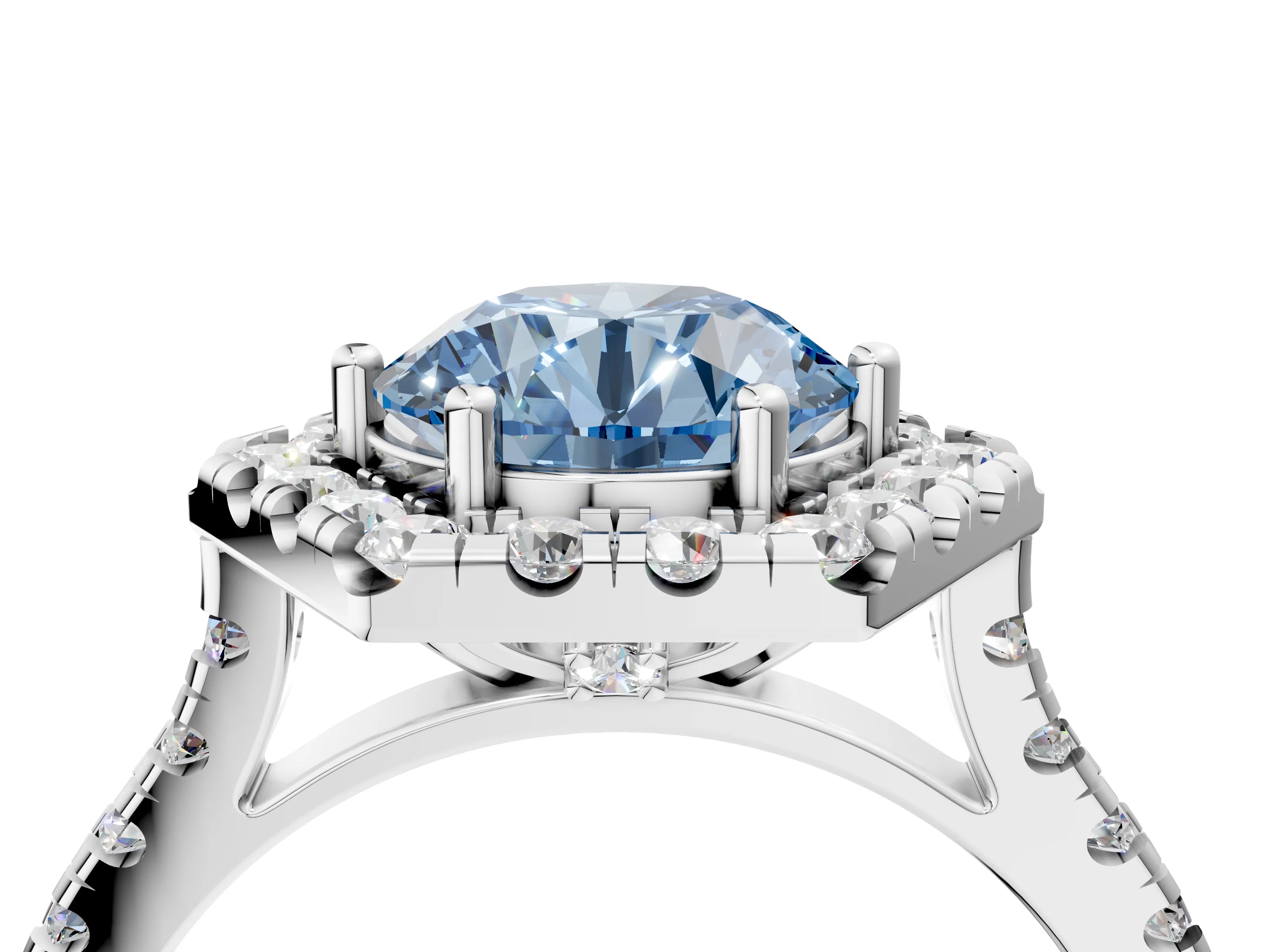 White gold Hexagonal Halo Fancy Blue Round Cut Diamond Pavé Band with Four-Prong Setting_4