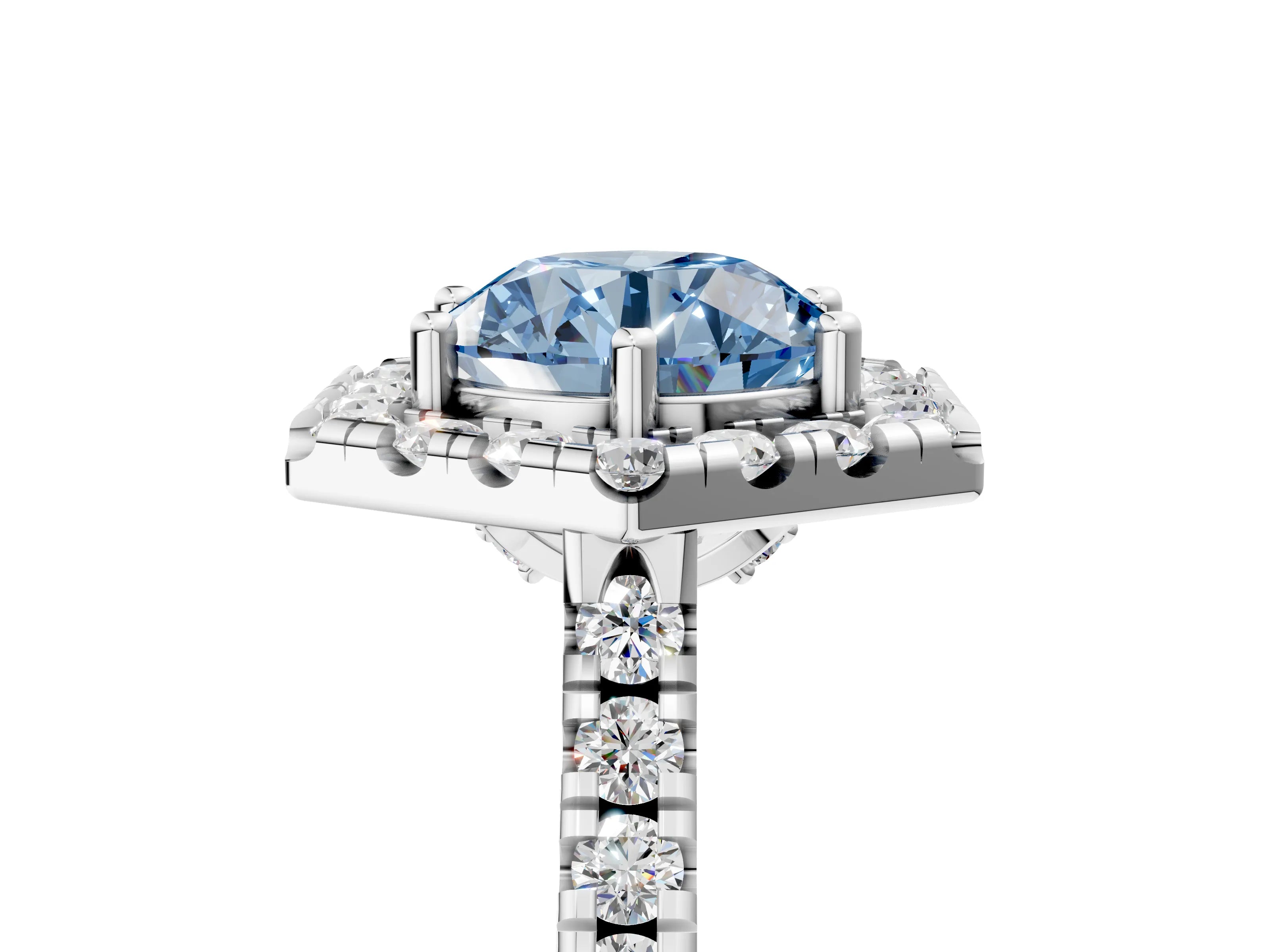 White gold Hexagonal Halo Fancy Blue Round Cut Diamond Pavé Band with Four-Prong Setting_5