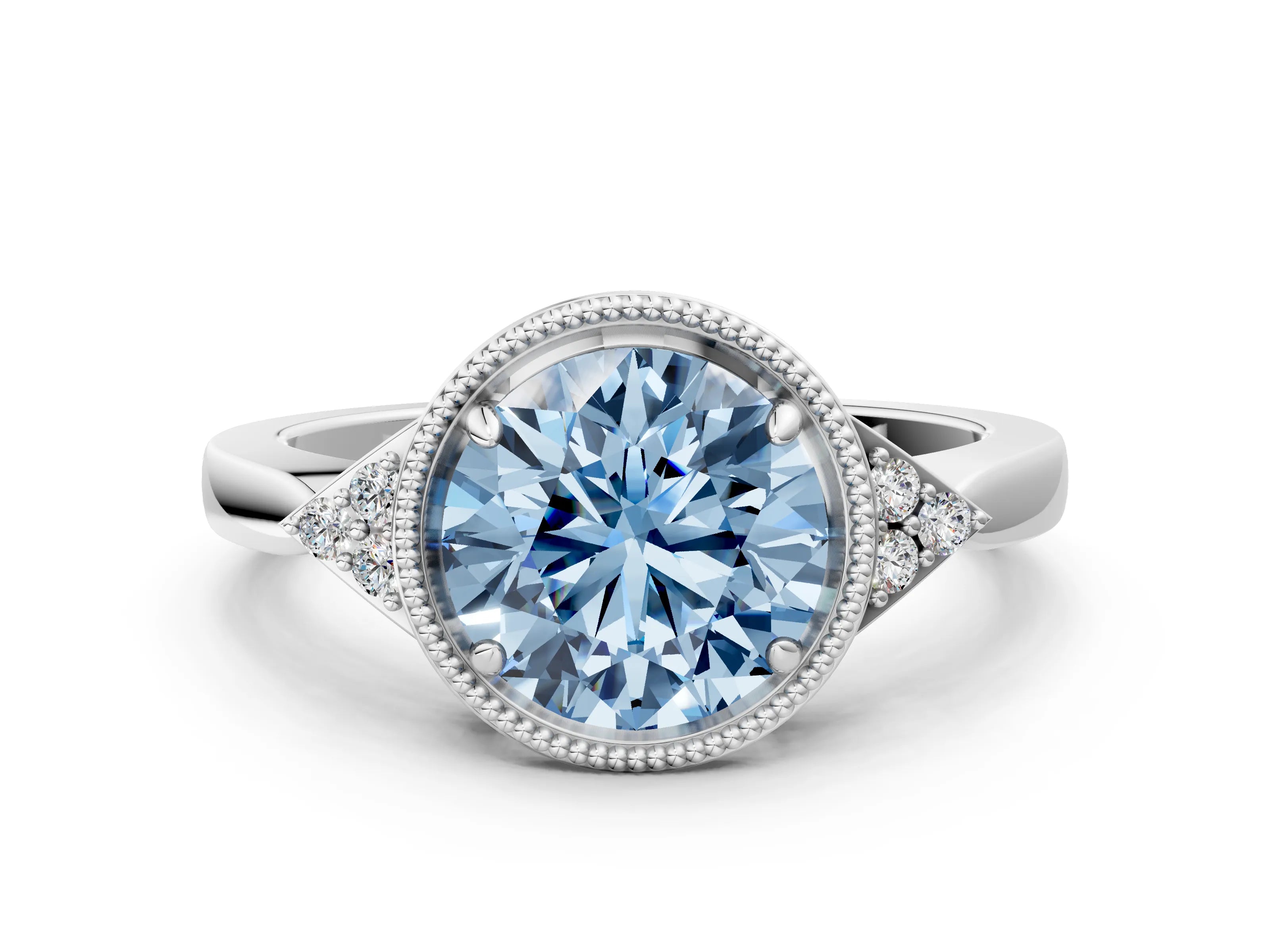 White gold Hexagonal Halo Fancy Blue Round Cut Diamond Solitaire with Pavé Band and Four-Prong Setting_15