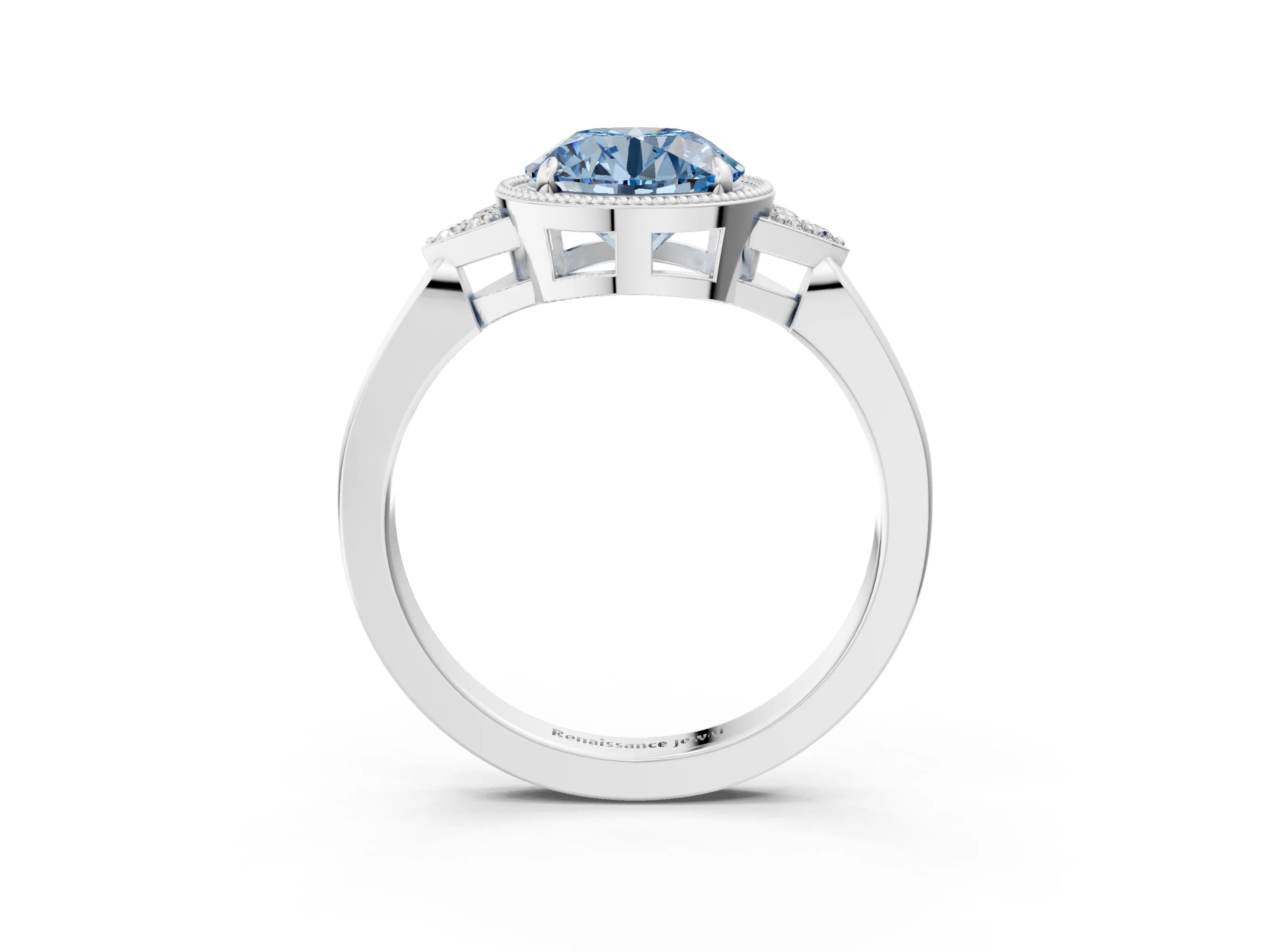 White gold Hexagonal Halo Fancy Blue Round Cut Diamond Solitaire with Pavé Band and Four-Prong Setting_18