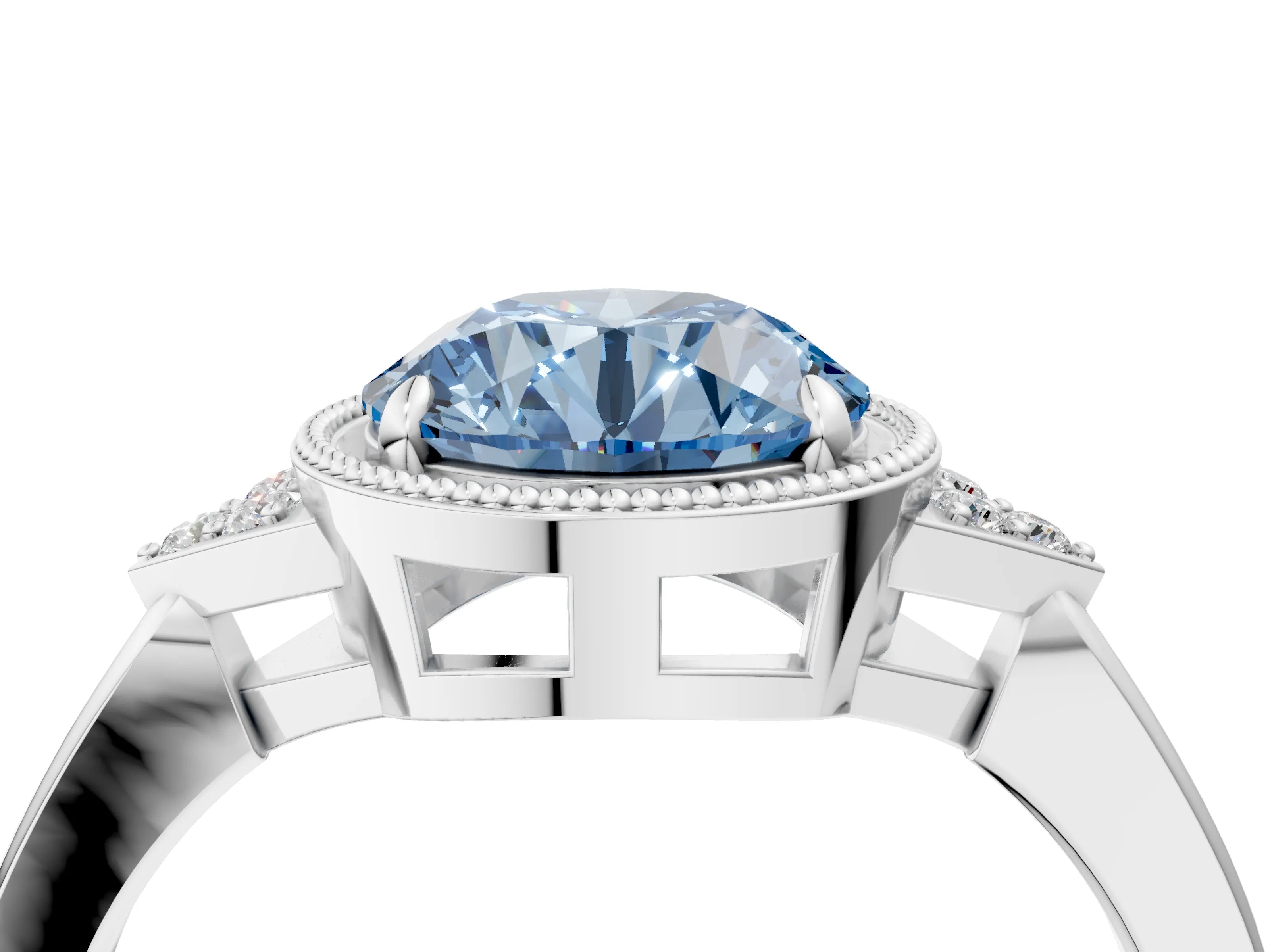 White gold Hexagonal Halo Fancy Blue Round Cut Diamond Solitaire with Pavé Band and Four-Prong Setting_19