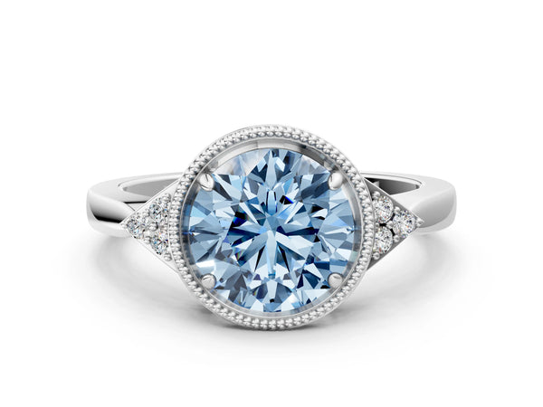 White gold Hexagonal Halo Fancy Blue Round Cut Diamond Solitaire with Pavé Band and Four-Prong Setting