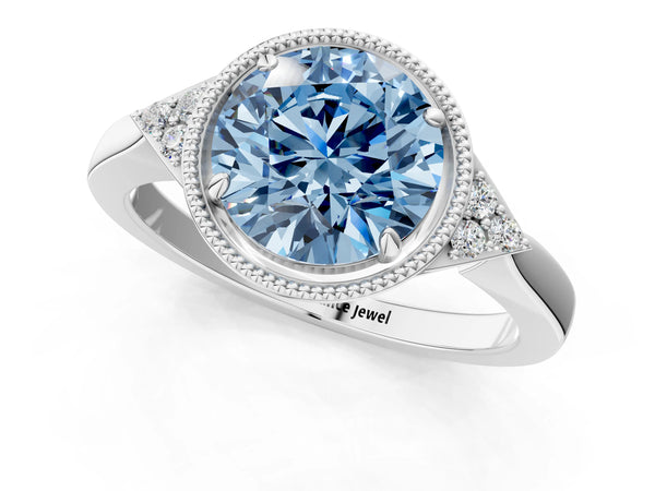 White gold Hexagonal Halo Fancy Blue Round Cut Diamond Solitaire with Pavé Band and Four-Prong Setting