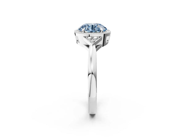 White gold Hexagonal Halo Fancy Blue Round Cut Diamond Solitaire with Pavé Band and Four-Prong Setting
