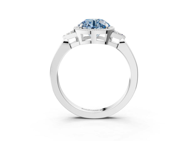 White gold Hexagonal Halo Fancy Blue Round Cut Diamond Solitaire with Pavé Band and Four-Prong Setting