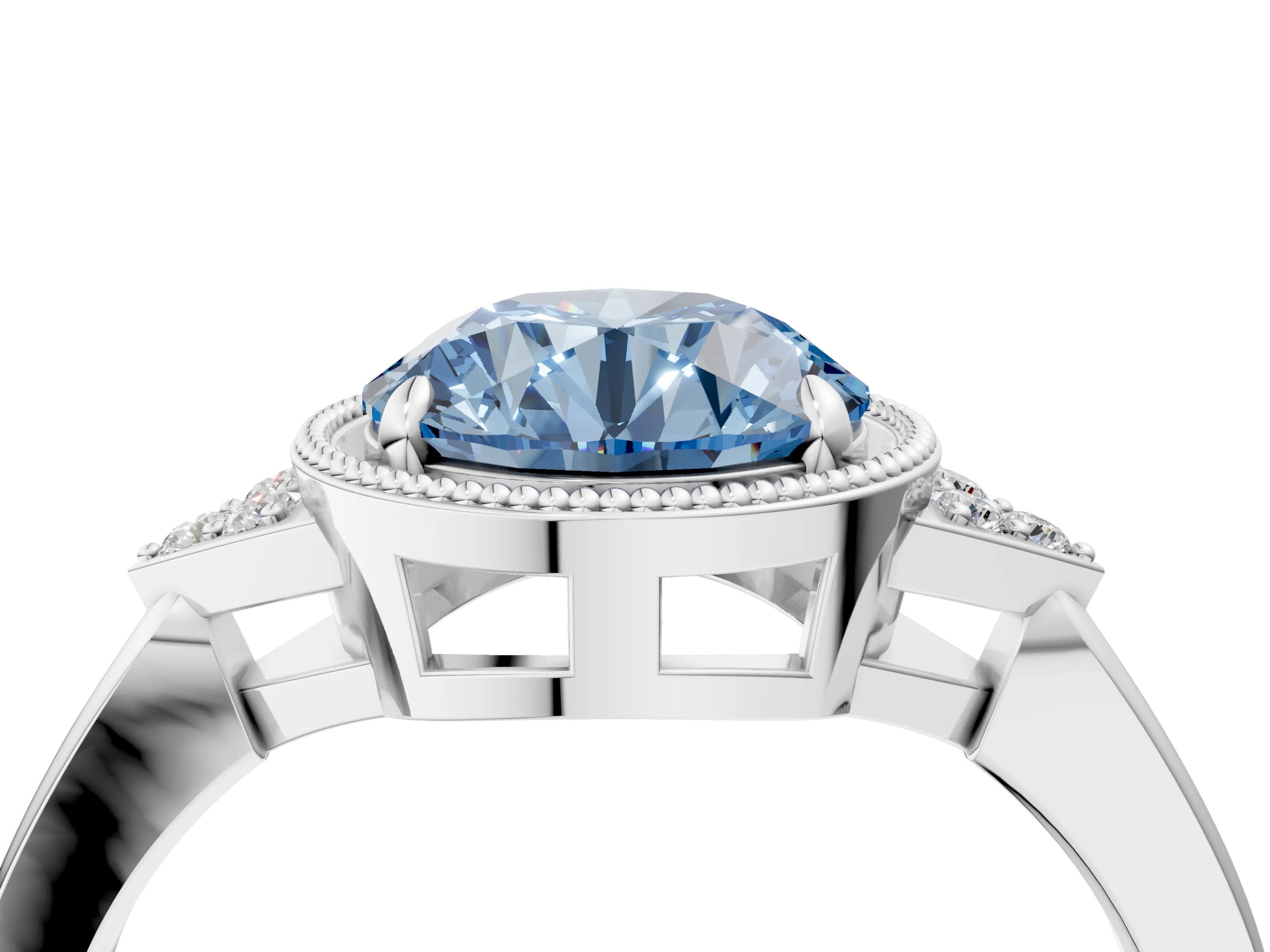 White gold Hexagonal Halo Fancy Blue Round Cut Diamond Solitaire with Pavé Band and Four-Prong Setting_25