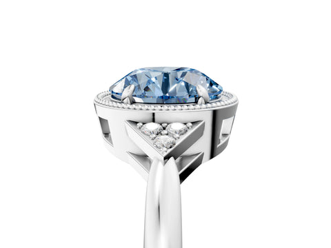 White gold Hexagonal Halo Fancy Blue Round Cut Diamond Solitaire with Pavé Band and Four-Prong Setting_26