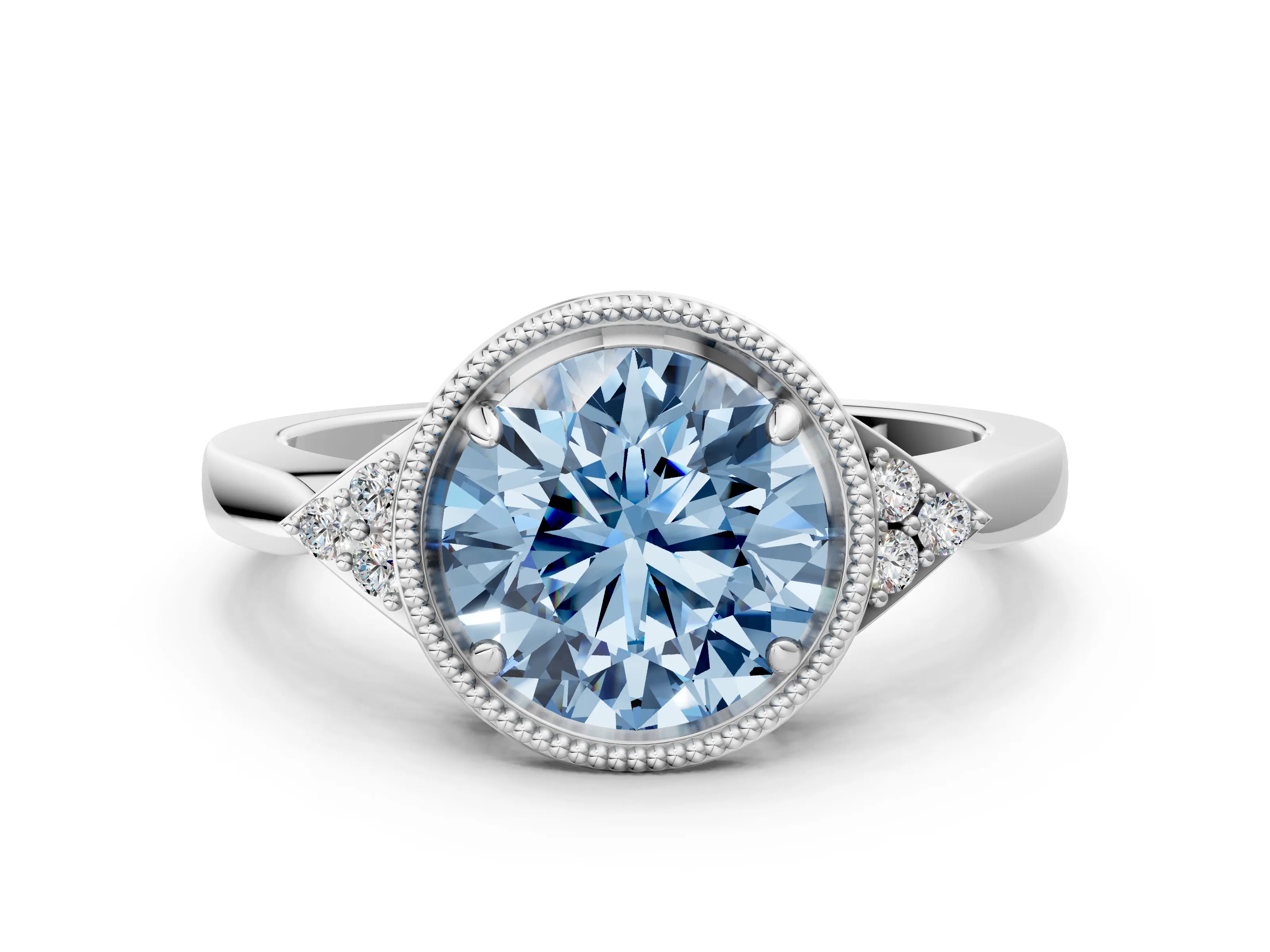 White gold Hexagonal Halo Fancy Blue Round Cut Diamond Solitaire with Pavé Band and Four-Prong Setting_27