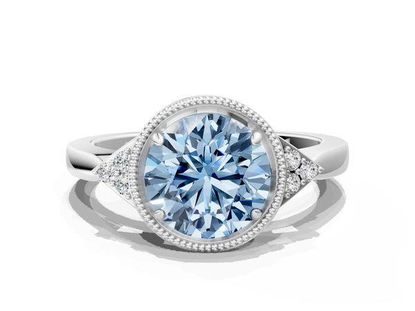 White gold Hexagonal Halo Fancy Blue Round Cut Diamond Solitaire with Pavé Band and Four-Prong Setting