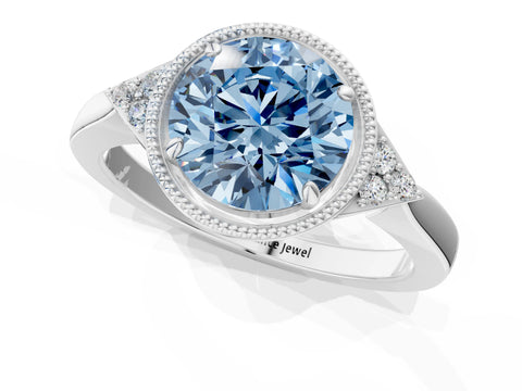 White gold Hexagonal Halo Fancy Blue Round Cut Diamond Solitaire with Pavé Band and Four-Prong Setting_4