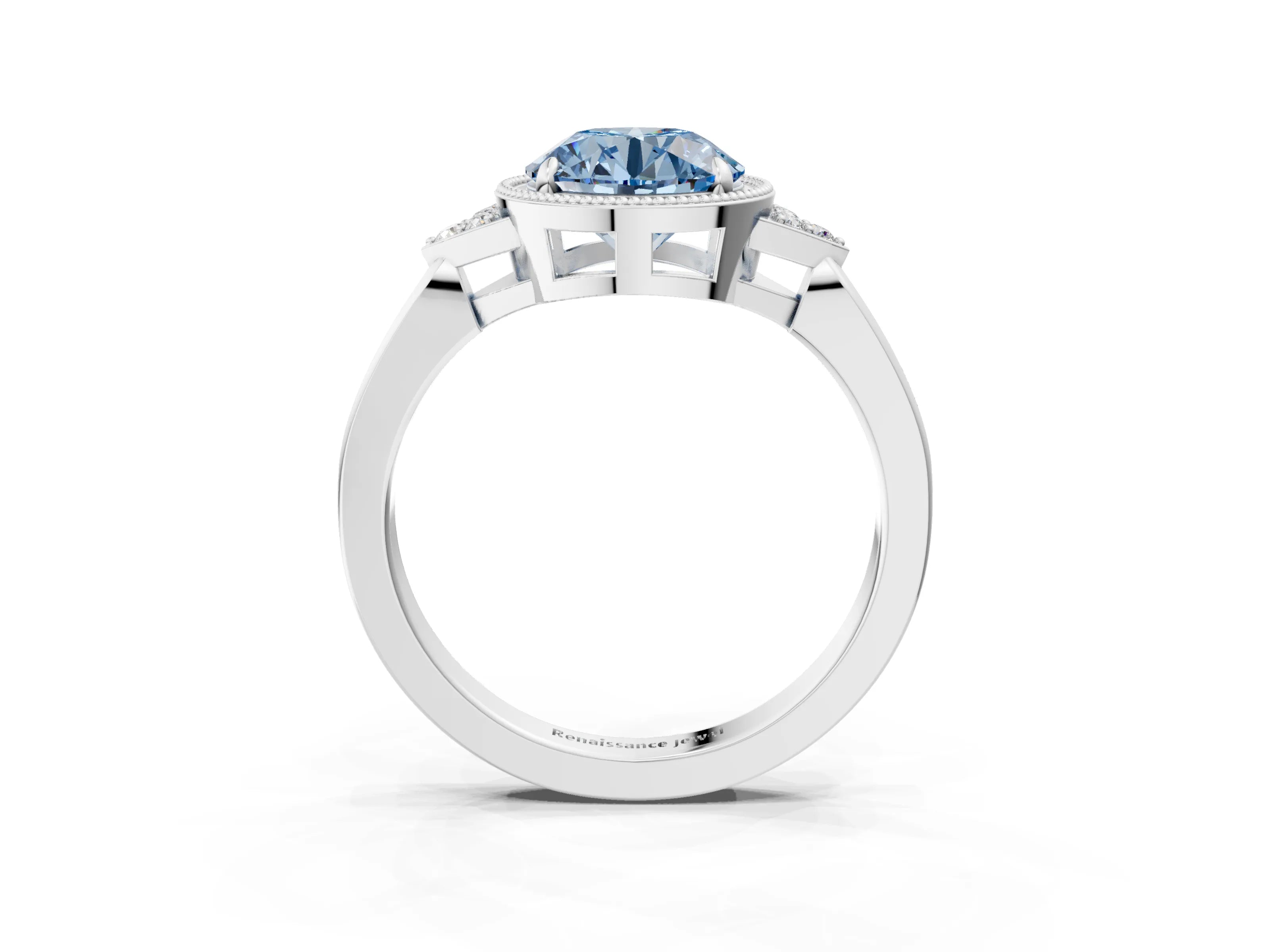 White gold Hexagonal Halo Fancy Blue Round Cut Diamond Solitaire with Pavé Band and Four-Prong Setting_6