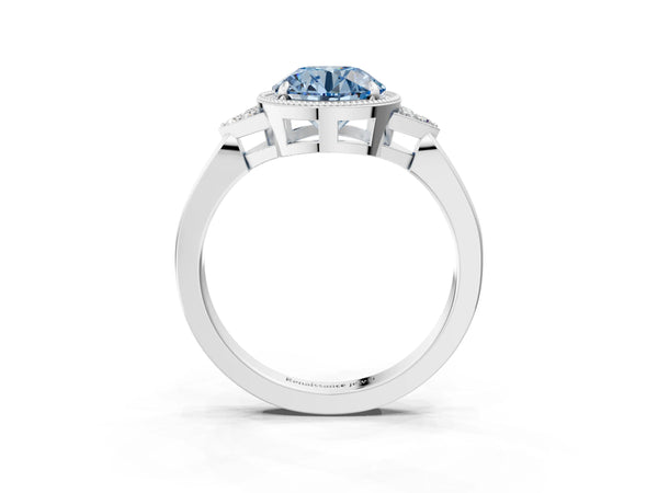 White gold Hexagonal Halo Fancy Blue Round Cut Diamond Solitaire with Pavé Band and Four-Prong Setting