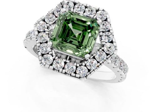 White gold Hexagonal Halo Fancy Green Asscher Cut Diamond Pavé Band with Four-Prong Setting_1