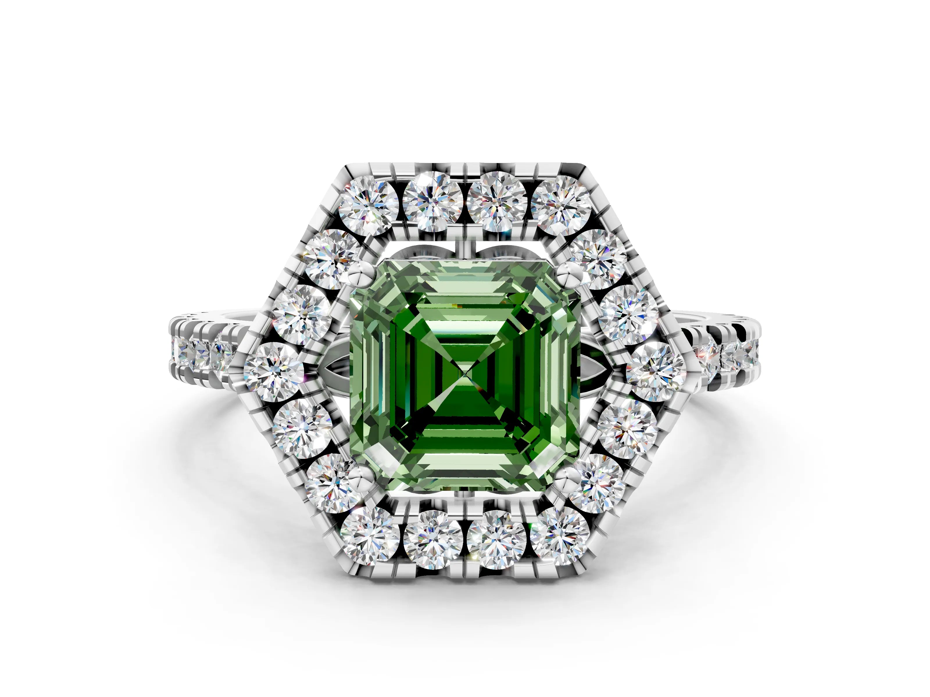 White gold Hexagonal Halo Fancy Green Asscher Cut Diamond Pavé Band with Four-Prong Setting