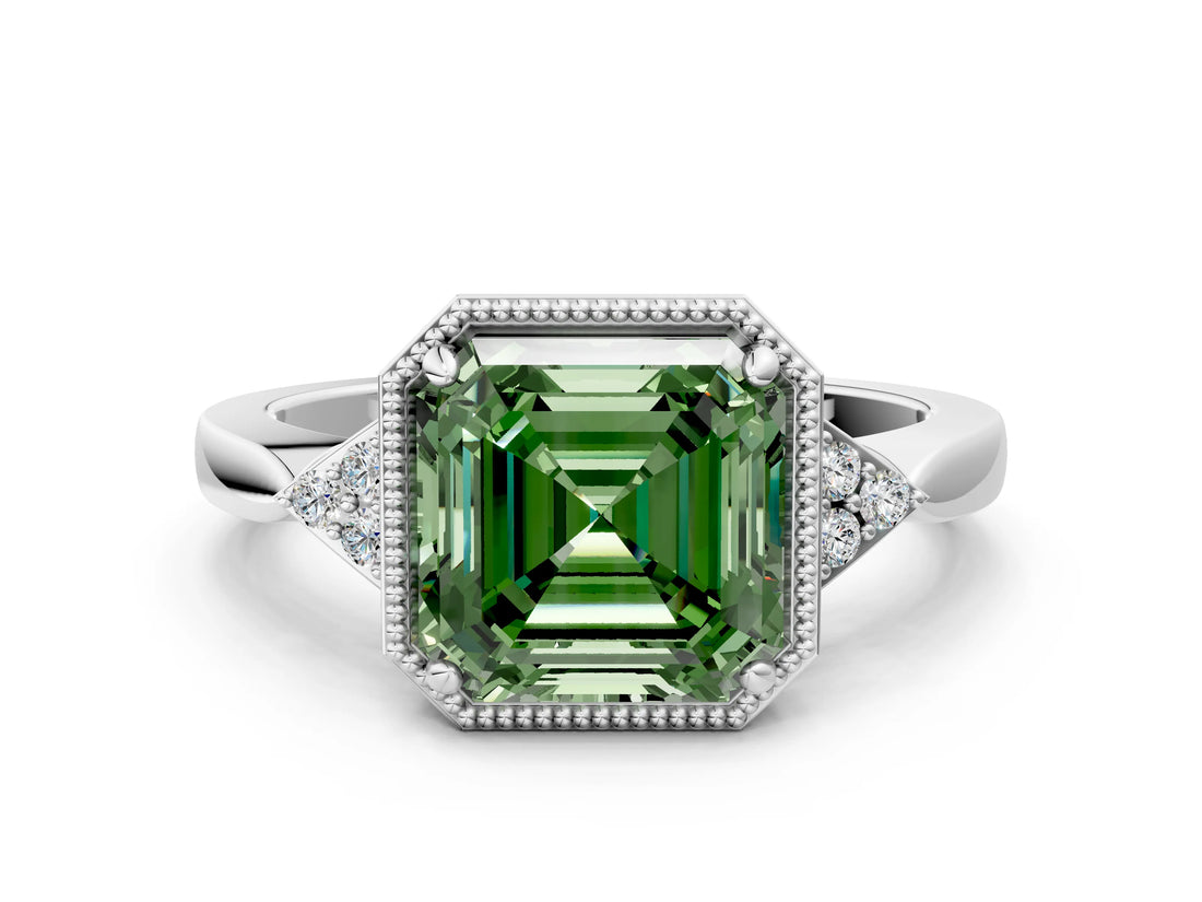 White gold Hexagonal Halo Fancy Green Asscher Cut Diamond Solitaire with Pavé Band and Four-Prong Setting_15
