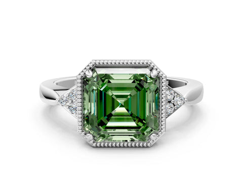 White gold Hexagonal Halo Fancy Green Asscher Cut Diamond Solitaire with Pavé Band and Four-Prong Setting_15