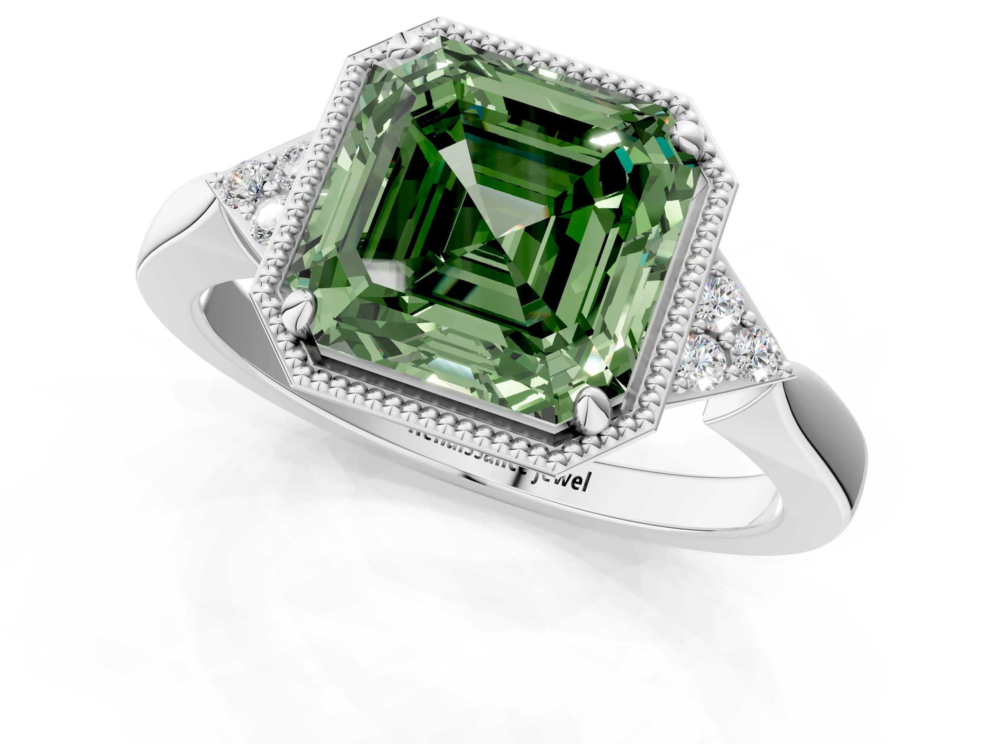 White gold Hexagonal Halo Fancy Green Asscher Cut Diamond Solitaire with Pavé Band and Four-Prong Setting_16