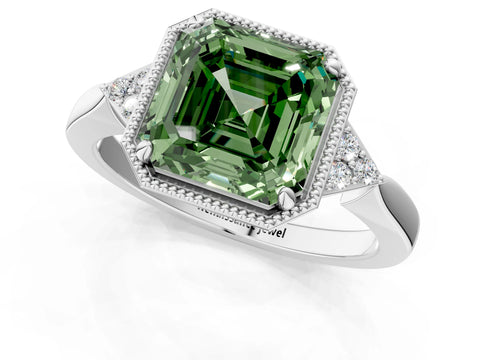 White gold Hexagonal Halo Fancy Green Asscher Cut Diamond Solitaire with Pavé Band and Four-Prong Setting_16