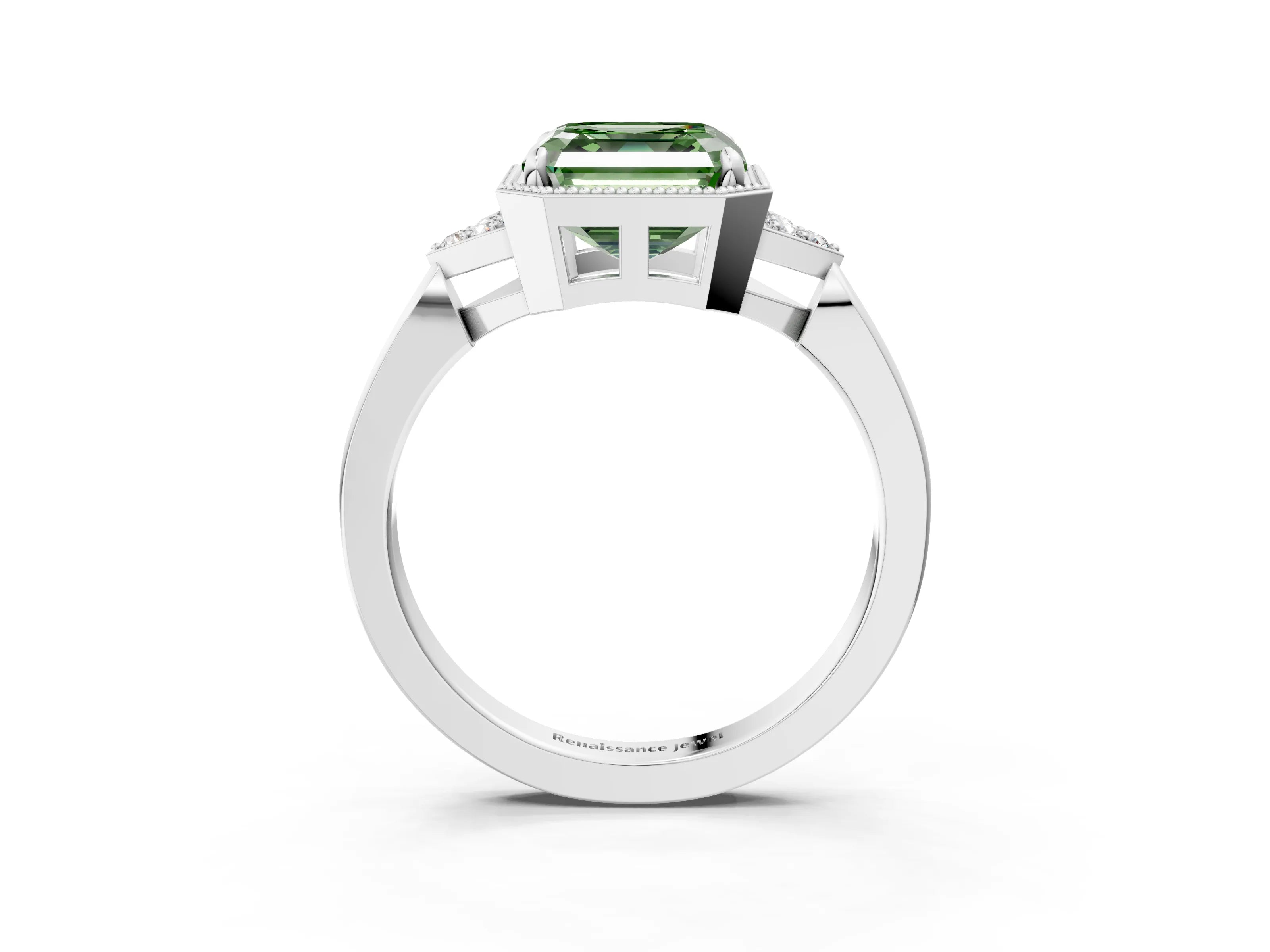 White gold Hexagonal Halo Fancy Green Asscher Cut Diamond Solitaire with Pavé Band and Four-Prong Setting_18