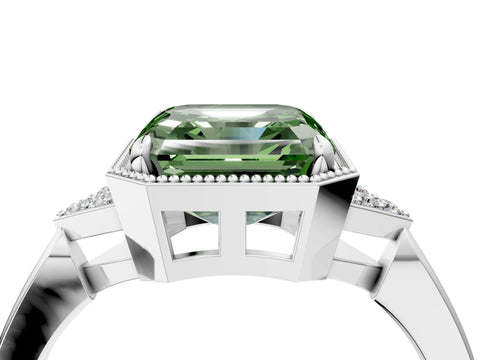 White gold Hexagonal Halo Fancy Green Asscher Cut Diamond Solitaire with Pavé Band and Four-Prong Setting_19