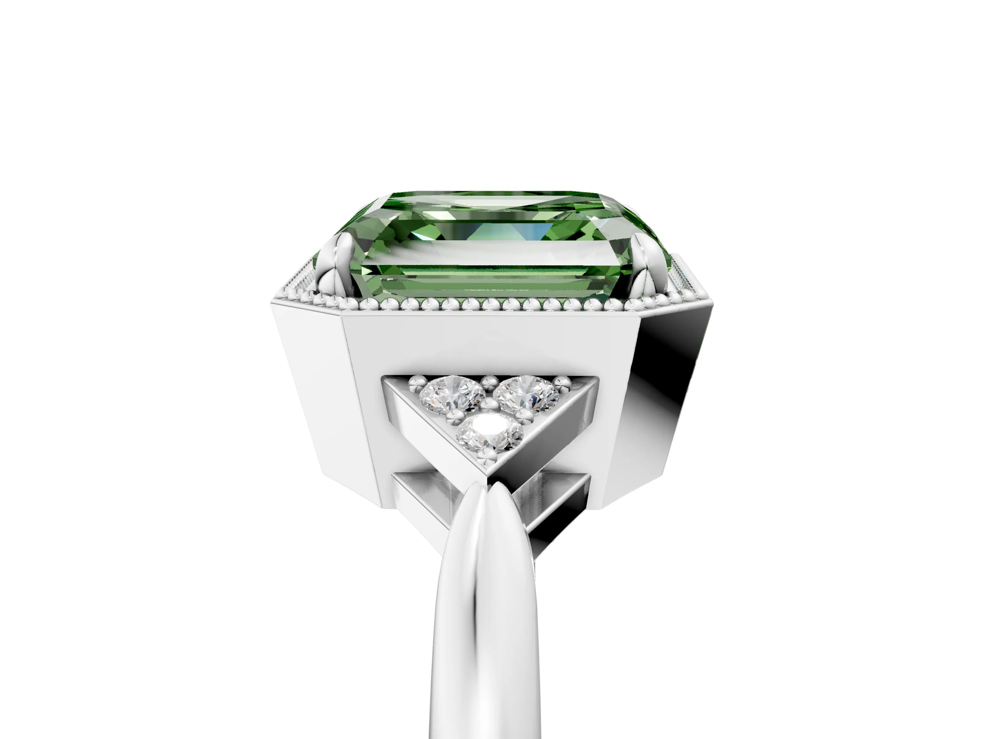 White gold Hexagonal Halo Fancy Green Asscher Cut Diamond Solitaire with Pavé Band and Four-Prong Setting_20
