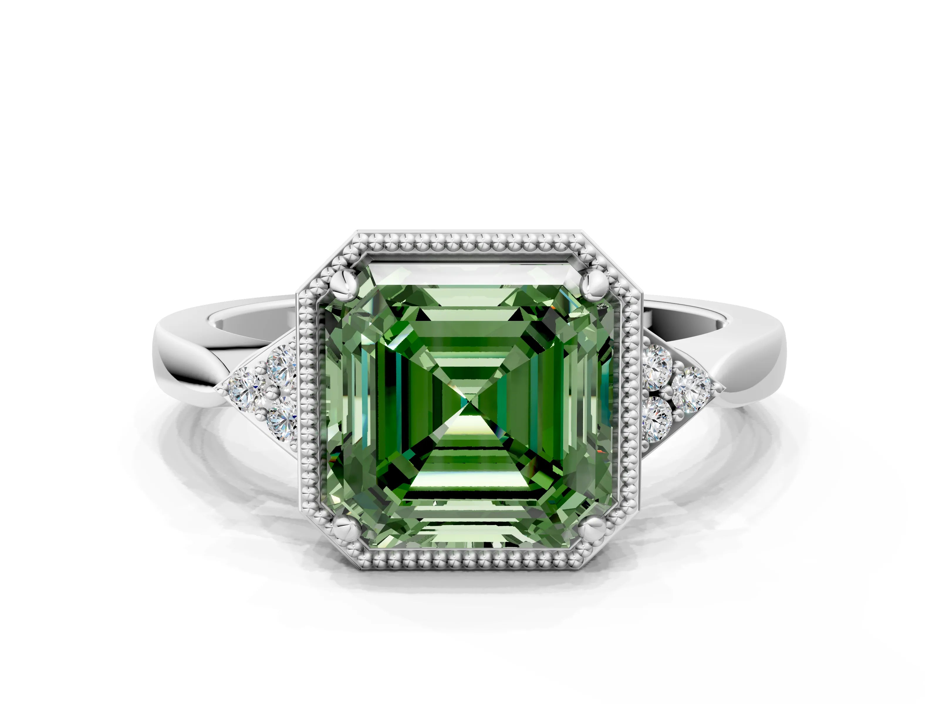 White gold Hexagonal Halo Fancy Green Asscher Cut Diamond Solitaire with Pavé Band and Four-Prong Setting_3