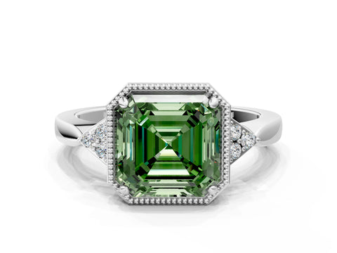 White gold Hexagonal Halo Fancy Green Asscher Cut Diamond Solitaire with Pavé Band and Four-Prong Setting_3