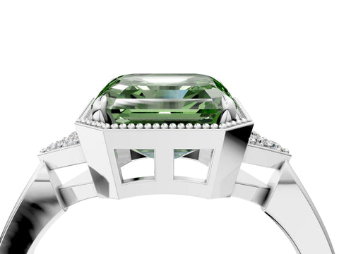 White gold Hexagonal Halo Fancy Green Asscher Cut Diamond Solitaire with Pavé Band and Four-Prong Setting_7