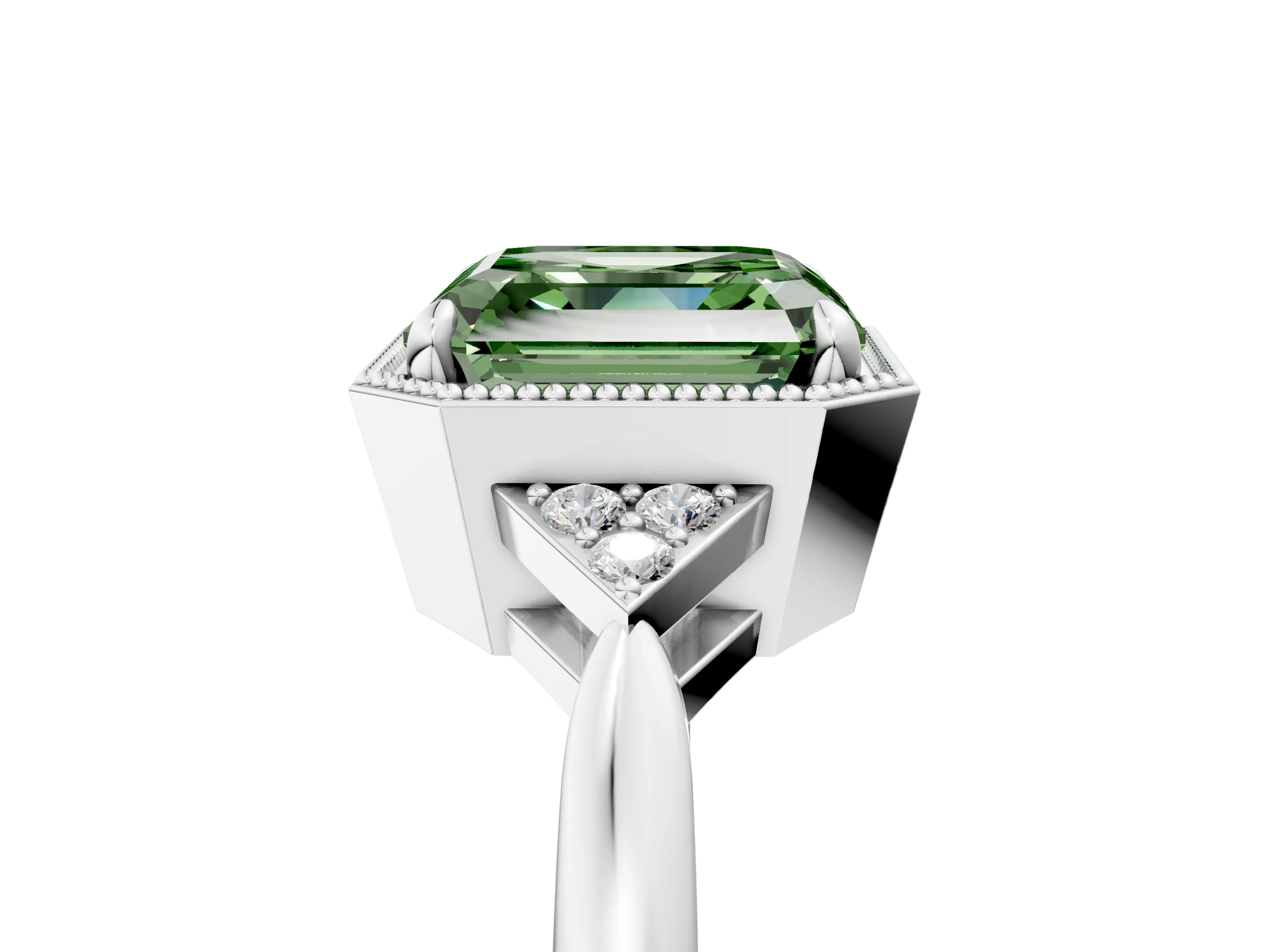 White gold Hexagonal Halo Fancy Green Asscher Cut Diamond Solitaire with Pavé Band and Four-Prong Setting_8