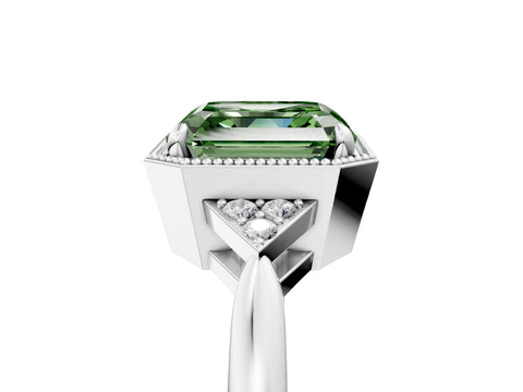 White gold Hexagonal Halo Fancy Green Asscher Cut Diamond Solitaire with Pavé Band and Four-Prong Setting_8