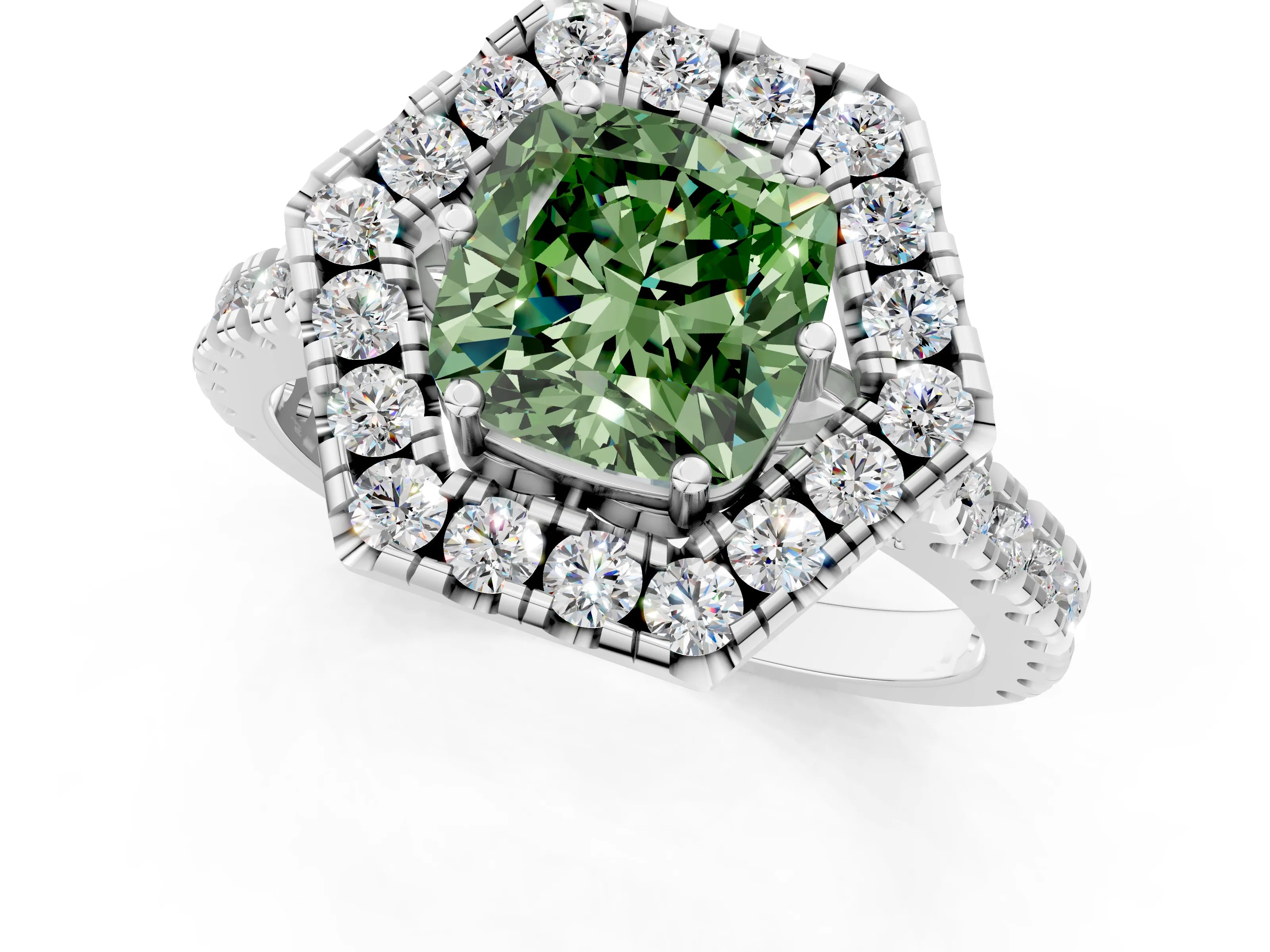 White gold Hexagonal Halo Fancy Green Cushion Cut Diamond Pavé Band with Four-Prong Setting_1