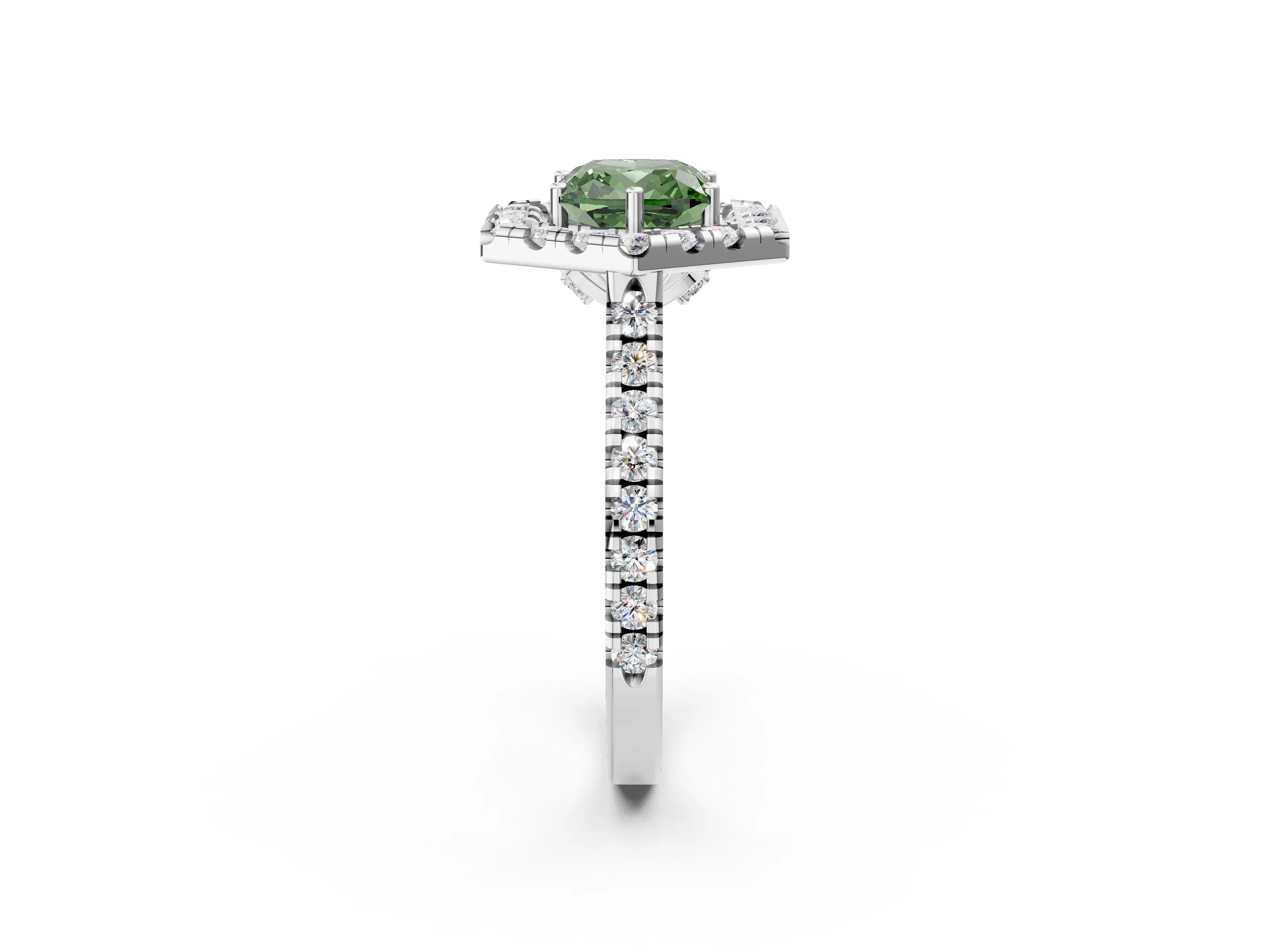 White gold Hexagonal Halo Fancy Green Cushion Cut Diamond Pavé Band with Four-Prong Setting_2