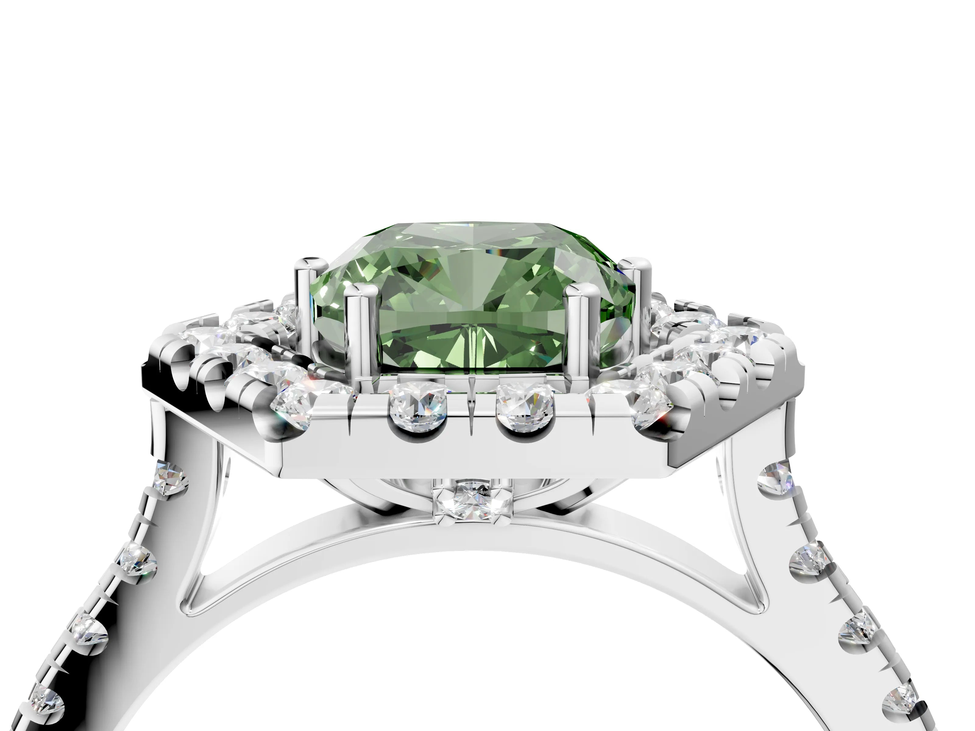White gold Hexagonal Halo Fancy Green Cushion Cut Diamond Pavé Band with Four-Prong Setting_4