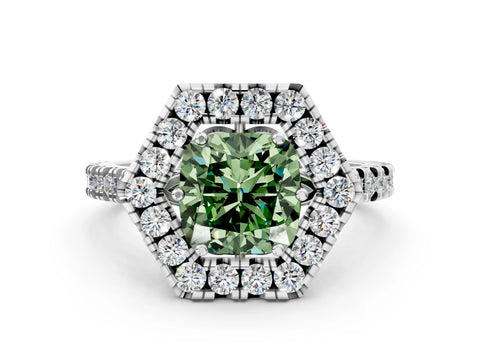 White gold Hexagonal Halo Fancy Green Cushion Cut Diamond Pavé Band with Four-Prong Setting