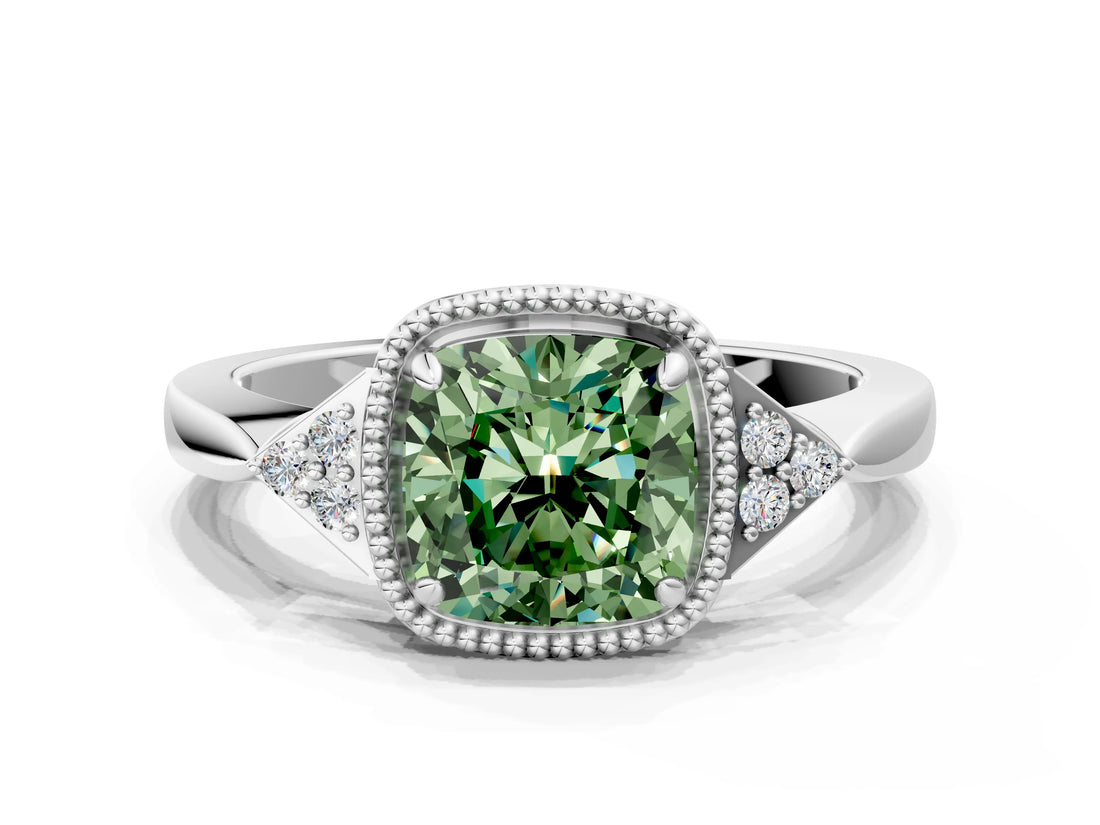 White gold Hexagonal Halo Fancy Green Cushion Cut Diamond Solitaire with Pavé Band and Four-Prong Setting_15