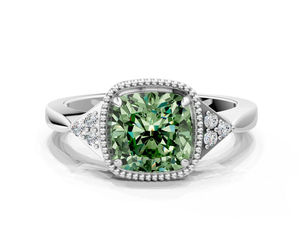 White gold Hexagonal Halo Fancy Green Cushion Cut Diamond Solitaire with Pavé Band and Four-Prong Setting