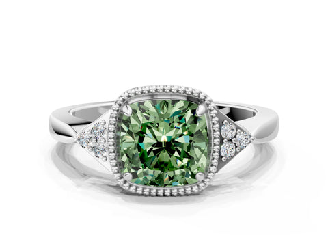 White gold Hexagonal Halo Fancy Green Cushion Cut Diamond Solitaire with Pavé Band and Four-Prong Setting_15