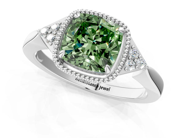 White gold Hexagonal Halo Fancy Green Cushion Cut Diamond Solitaire with Pavé Band and Four-Prong Setting
