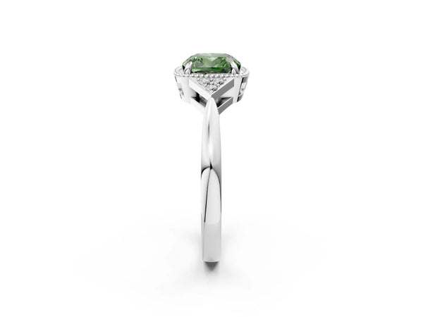 White gold Hexagonal Halo Fancy Green Cushion Cut Diamond Solitaire with Pavé Band and Four-Prong Setting