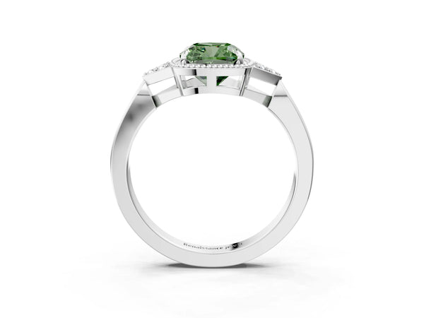 White gold Hexagonal Halo Fancy Green Cushion Cut Diamond Solitaire with Pavé Band and Four-Prong Setting