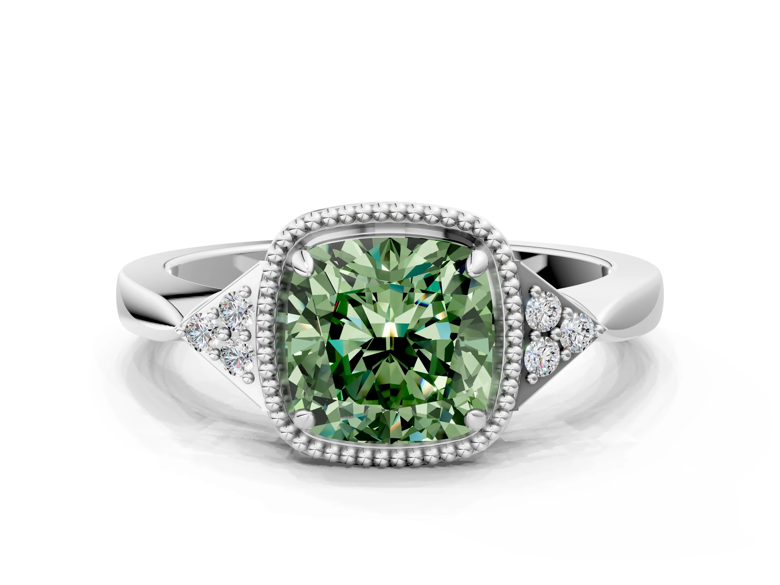 White gold Hexagonal Halo Fancy Green Cushion Cut Diamond Solitaire with Pavé Band and Four-Prong Setting_3