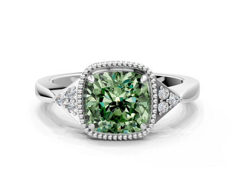 White gold Hexagonal Halo Fancy Green Cushion Cut Diamond Solitaire with Pavé Band and Four-Prong Setting_3
