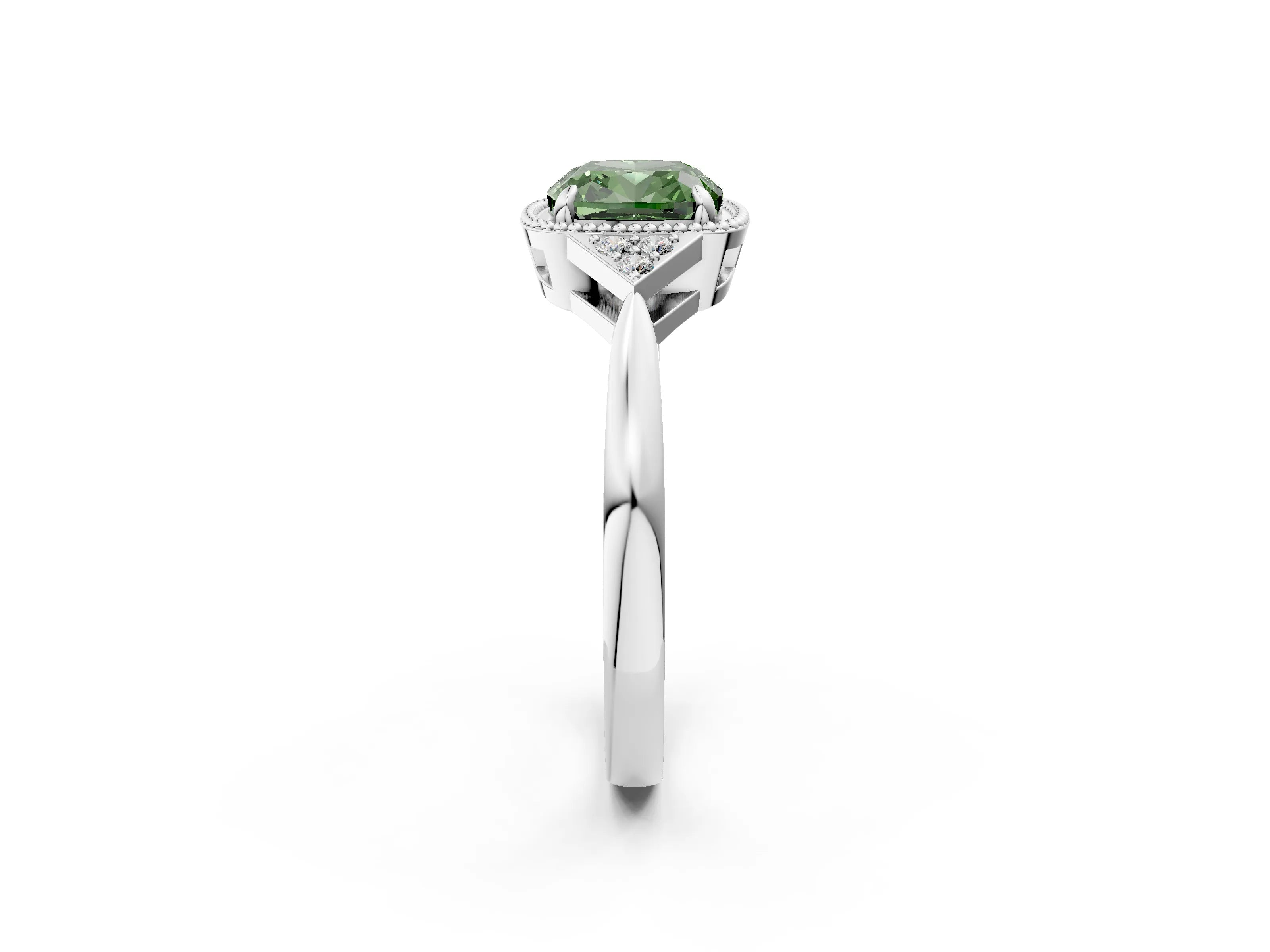 White gold Hexagonal Halo Fancy Green Cushion Cut Diamond Solitaire with Pavé Band and Four-Prong Setting_5