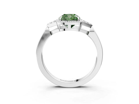 White gold Hexagonal Halo Fancy Green Cushion Cut Diamond Solitaire with Pavé Band and Four-Prong Setting_6