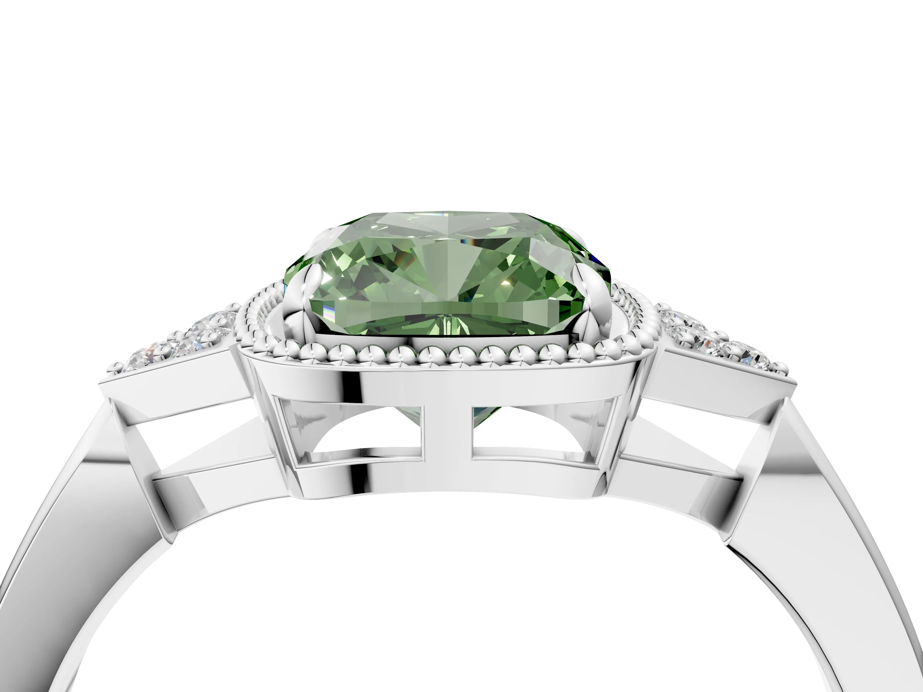 White gold Hexagonal Halo Fancy Green Cushion Cut Diamond Solitaire with Pavé Band and Four-Prong Setting_7