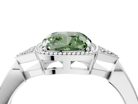 White gold Hexagonal Halo Fancy Green Cushion Cut Diamond Solitaire with Pavé Band and Four-Prong Setting_7