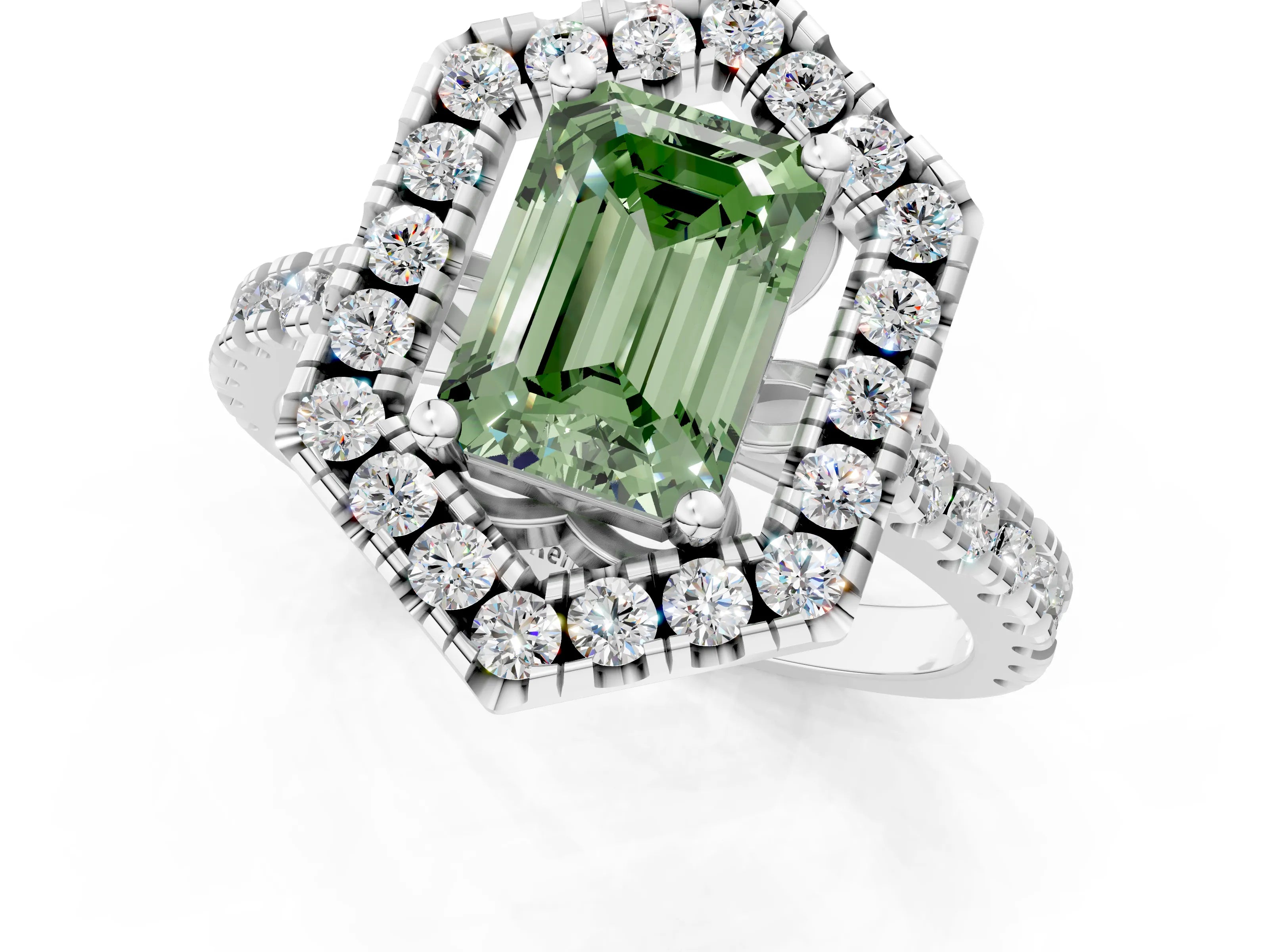 White gold Hexagonal Halo Fancy Green Emerald Cut Diamond Pavé Band with Four-Prong Setting_13