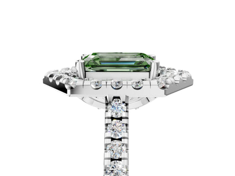 White gold Hexagonal Halo Fancy Green Emerald Cut Diamond Pavé Band with Four-Prong Setting_5