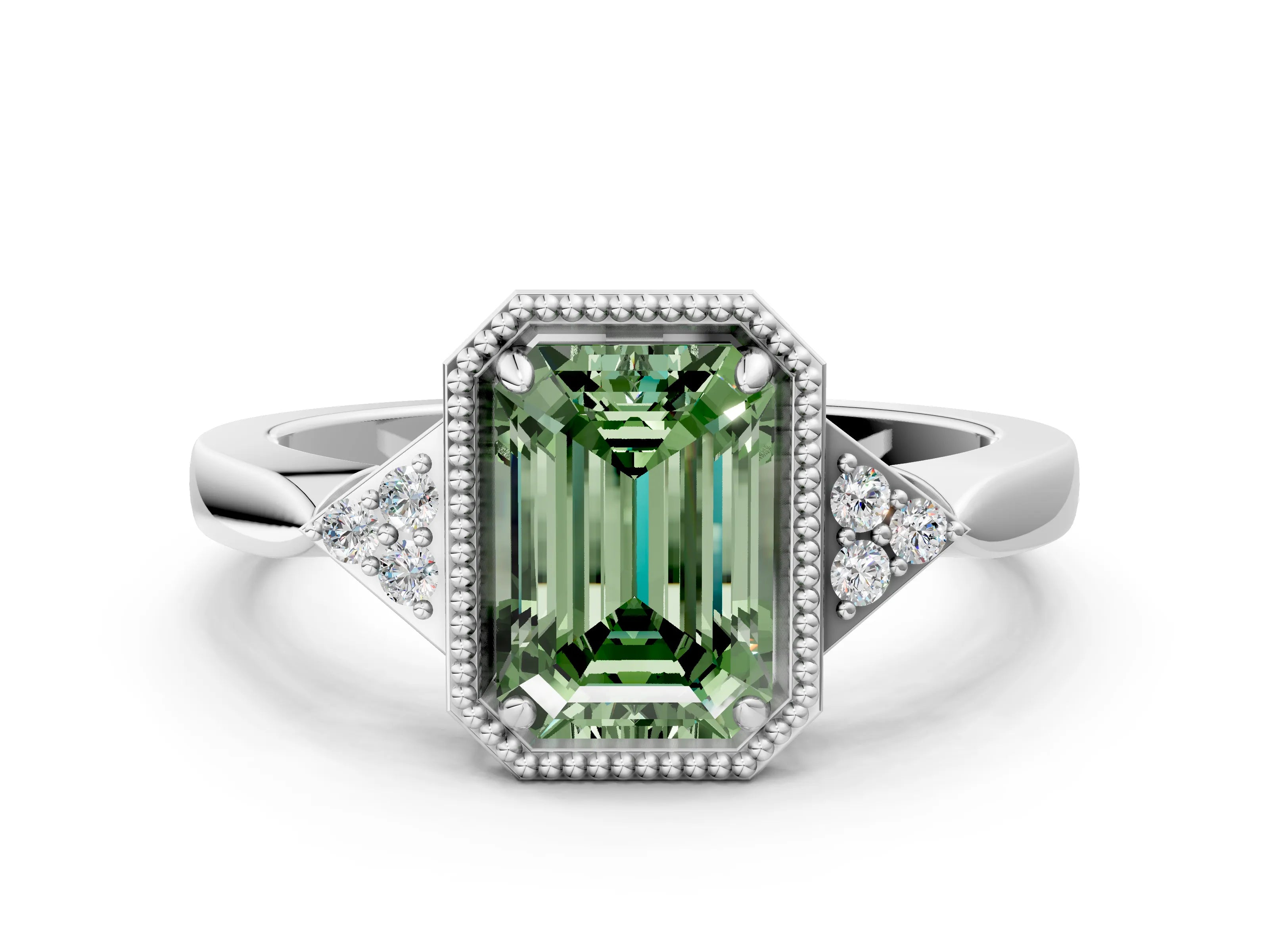 White gold Hexagonal Halo Fancy Green Emerald Cut Diamond Solitaire with Pavé Band and Four-Prong Setting_15